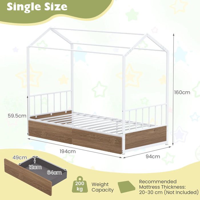 Single Size House Bed with 2 Drawers and Roof for Kids-