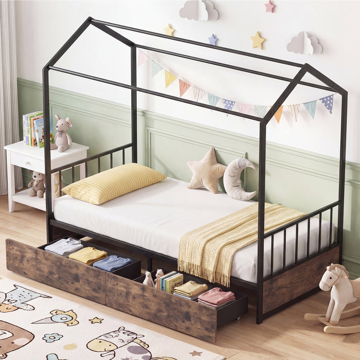 Single Size House Bed with 2 Drawers and Roof for Kids-