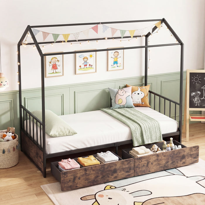 Single Size House Bed with 2 Drawers and Roof for Kids-