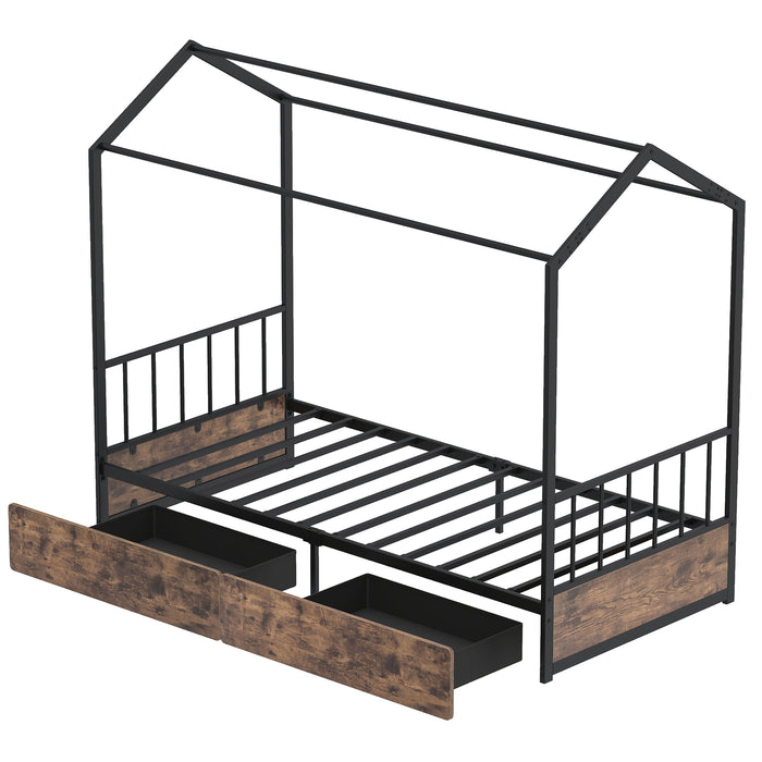 Single Size House Bed with 2 Drawers and Roof for Kids-