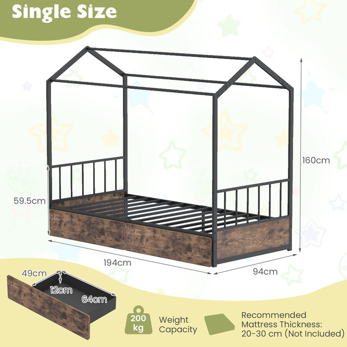 Single Size House Bed with 2 Drawers and Roof for Kids-