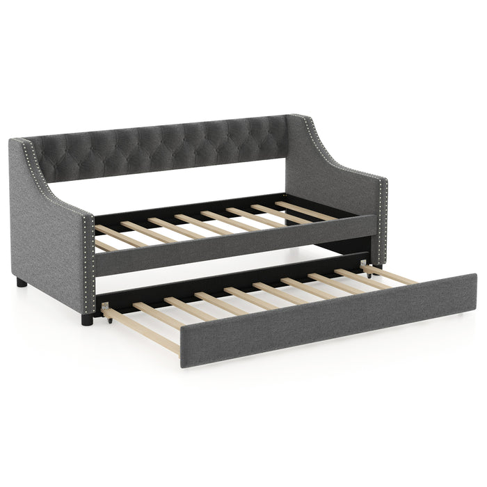 Single Size Trundle Bed Linen Upholstered Daybed with Backrest-Beige