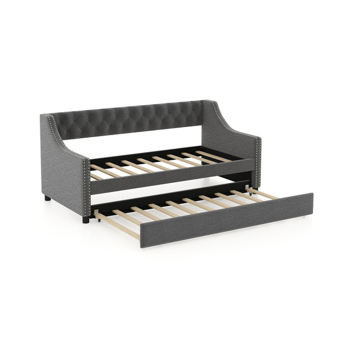 Single Size Trundle Bed Linen Upholstered Daybed with Backrest-Beige