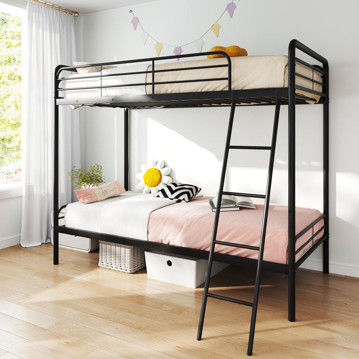 Single Bunk Bed with Ladder and Full-length Guardrails for Teens Adults-Black-