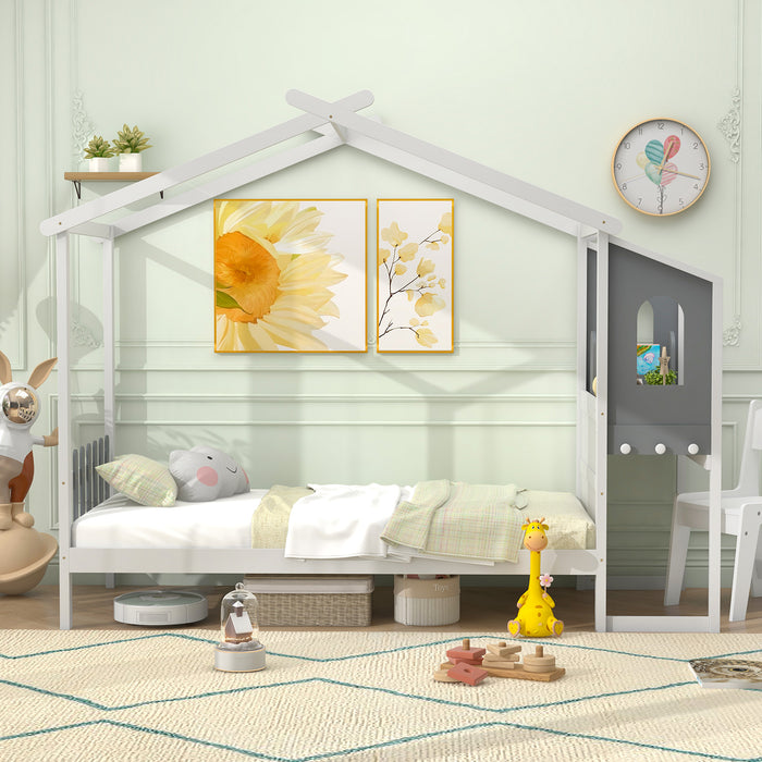 Single/Double House Bed Wood Montessori Bed Frame with Desk-Double Size