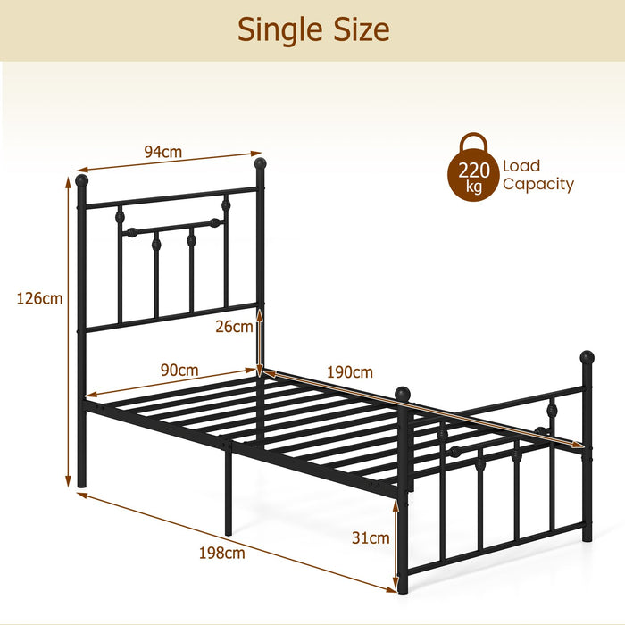 Single/Double/King Size Metal Bed Frame with Headboard-Black-Single Size