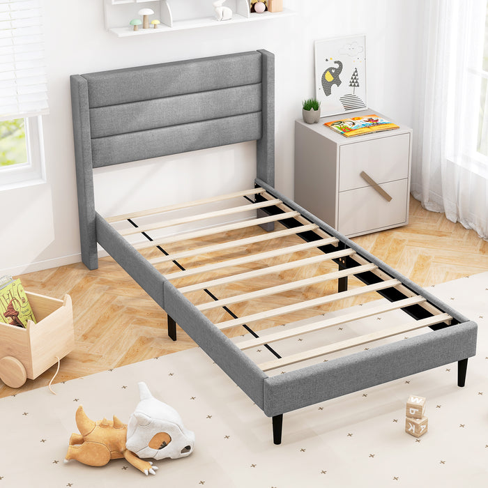 Single/Double Size Bed Frame with Wingback Headboard and Wooden Slats Support-Grey-Double Size