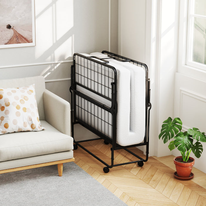 Single Size Folding Bed with Mattress and Lockable Wheels