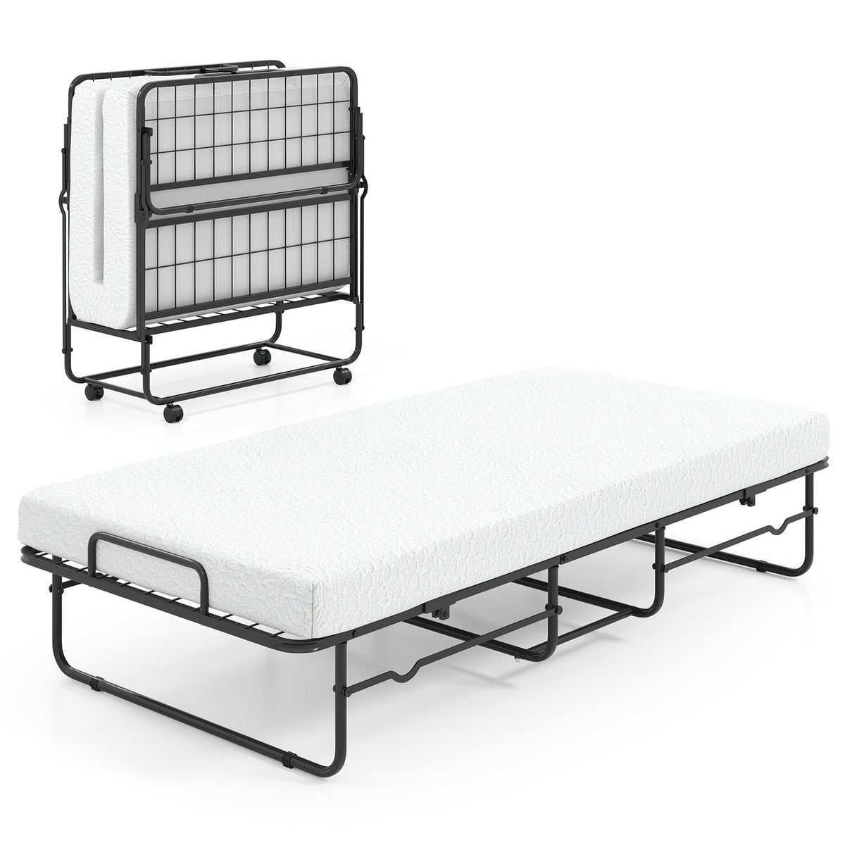 Single Size Folding Bed with Mattress and Lockable Wheels