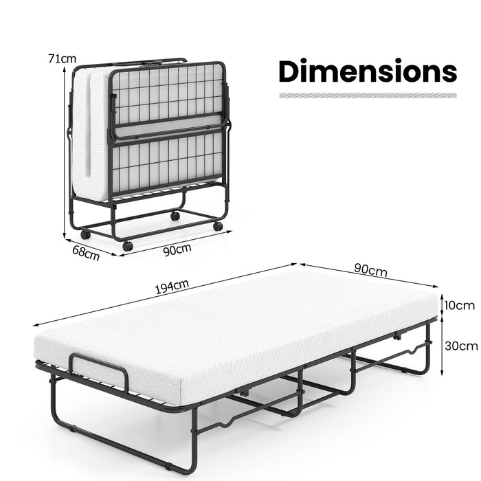 Single Size Folding Bed with Mattress and Lockable Wheels
