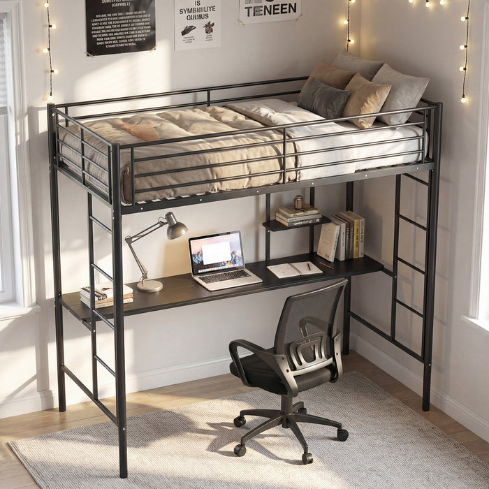 Loft Bed with Desk and Shelves Metal Loft Bed Frame-Silver