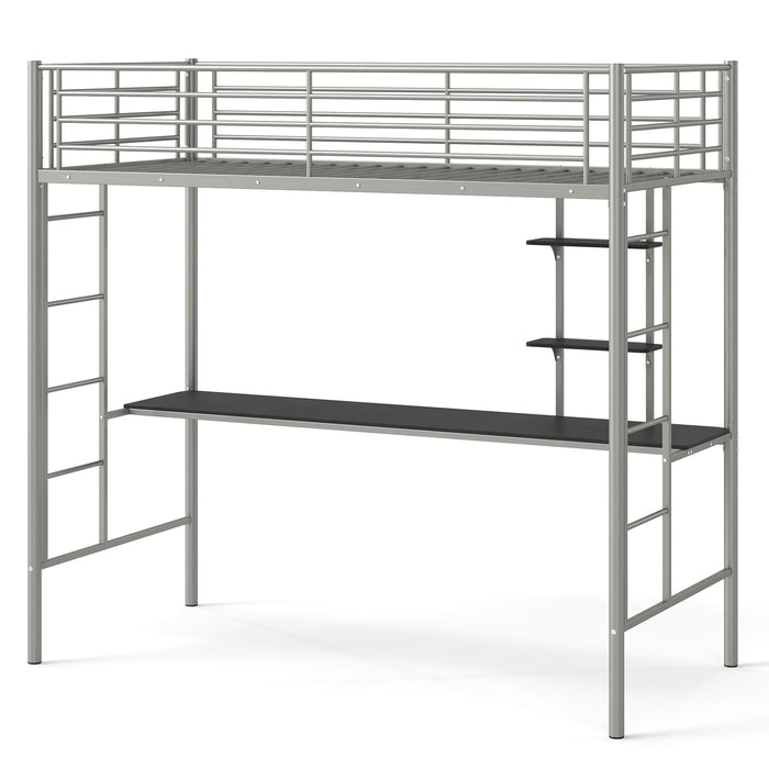 Loft Bed with Desk and Shelves Metal Loft Bed Frame-Silver