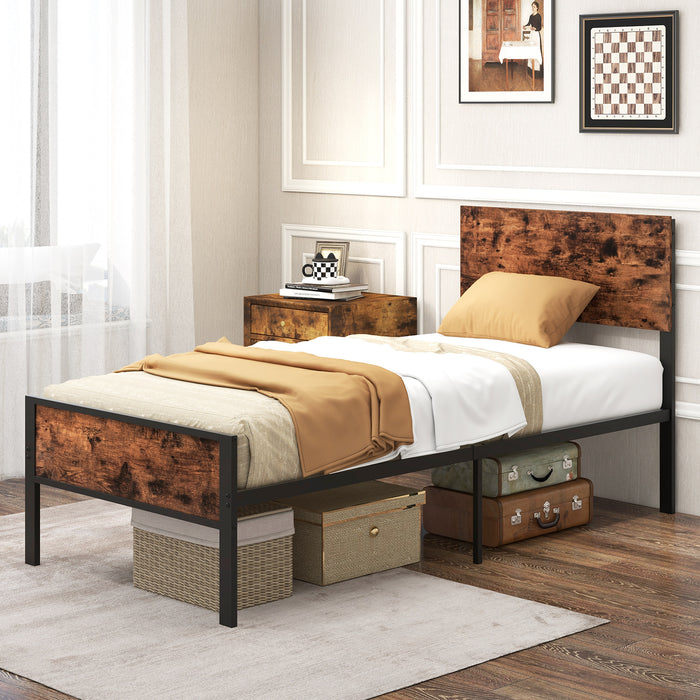 Metal Platform Bed with Headboard and Footboard-Brown-