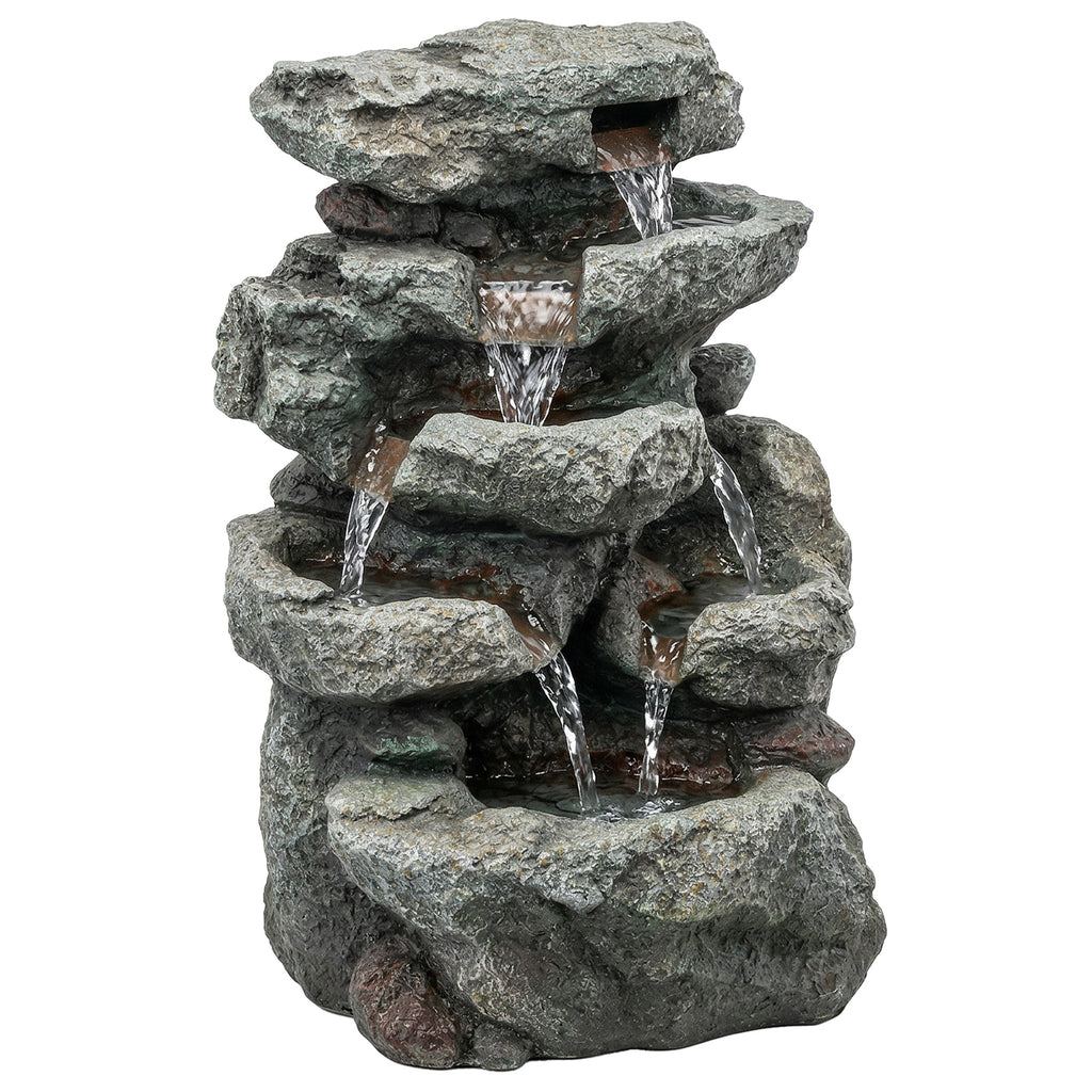 Outsunny Outdoor Fountain with 6-Tier Rock Design, Waterfall Feature with LED Lights, Resin Freestanding Garden Fountain, Grey