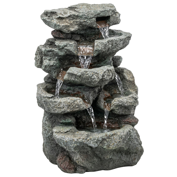 Outsunny Outdoor Fountain with 6-Tier Rock Design, Waterfall Feature with LED Lights, Resin Freestanding Garden Fountain, Grey
