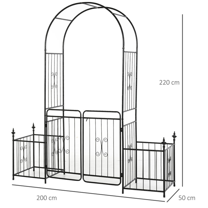 Outsunny Metal Garden Arbor Arch with Double Doors, 2 Side Planter Baskets, Climbing Vine Frame, Black