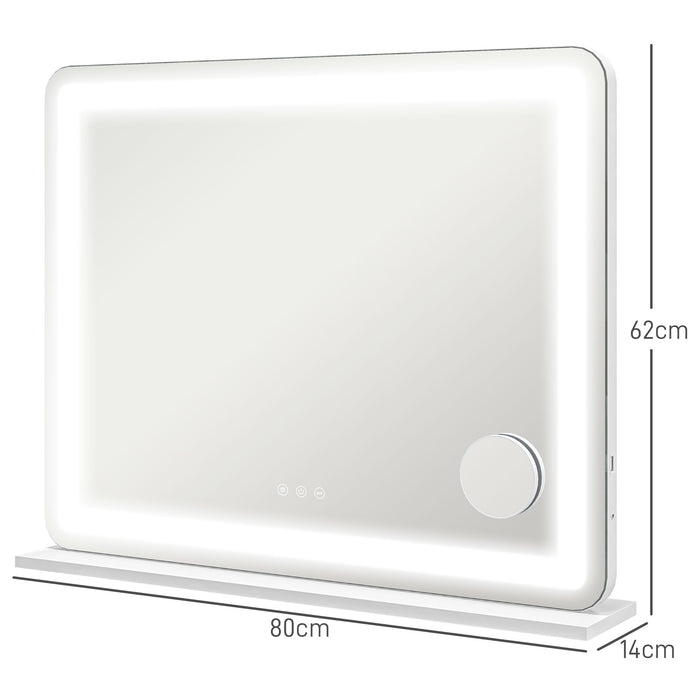 HOMCOM Vanity Mirror with Lights, Large Lighted Makeup Mirror with 3 Colour Lighting Modes, 10X Magnifying, USB Charging Port, Touch Screen, Tabletop or Wall Mounted Design for Bedroom, White