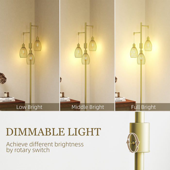 HOMCOM 170cm Industrial 3-Light Floor Lamp, Dimmable Standing Lamp with Steel Lampshades for Living Room, Bedroom, Dinging Room, Study, Gold Tone