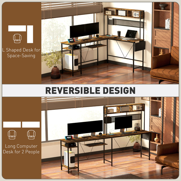 HOMCOM 160cm Reversible L Shaped Desk with Power Outlet, Industrial Corner Desk with Storage Shelves and Keyboard Tray, 240cm Long Computer Desk for 2 Person, Rustic Brown