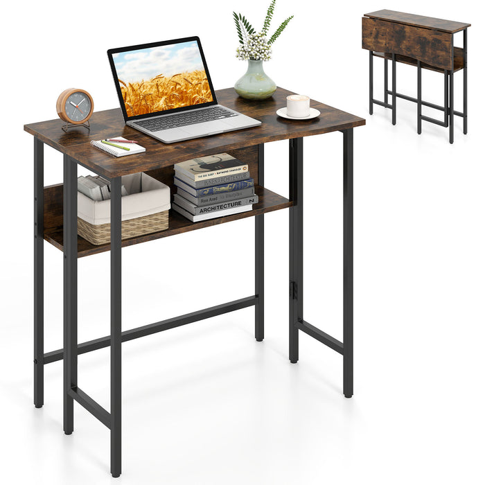 Small Folding Desk 80 CM with Storage Shelf & Drop Leaf for Home Office-