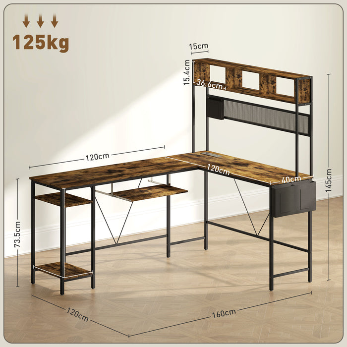 HOMCOM 160cm Reversible L Shaped Desk with Power Outlet, Industrial Corner Desk with Storage Shelves and Keyboard Tray, 240cm Long Computer Desk for 2 Person, Rustic Brown