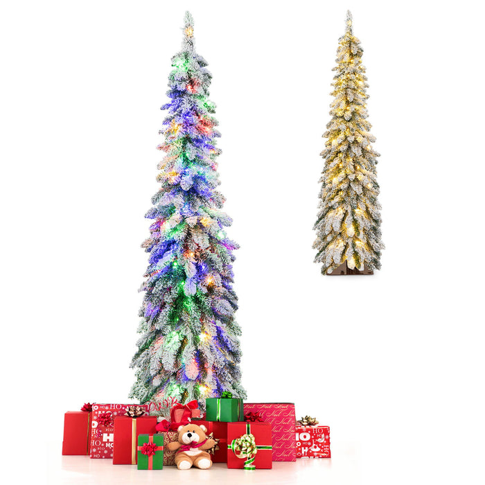 Snow-Flocked Slim Pencil Christmas Tree with 11 Lighting Modes-