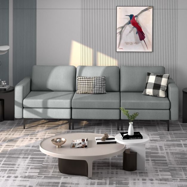 3-Seat Sofa with Magazine Caddy - Light Grey Couch Featuring Socket and USB Charging Ports - Perfect for Contemporary Living Spaces and Technology-Integrated Homes