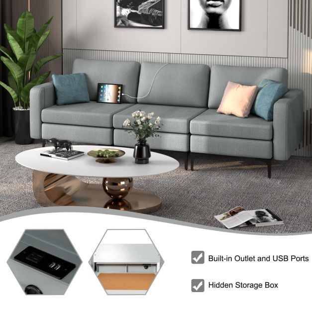 3-Seat Sofa with Magazine Caddy - Light Grey Couch Featuring Socket and USB Charging Ports - Perfect for Contemporary Living Spaces and Technology-Integrated Homes
