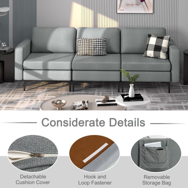 3-Seat Sofa with Magazine Caddy - Light Grey Couch Featuring Socket and USB Charging Ports - Perfect for Contemporary Living Spaces and Technology-Integrated Homes