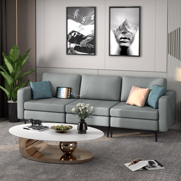 3-Seat Sofa with Magazine Caddy - Light Grey Couch Featuring Socket and USB Charging Ports - Perfect for Contemporary Living Spaces and Technology-Integrated Homes
