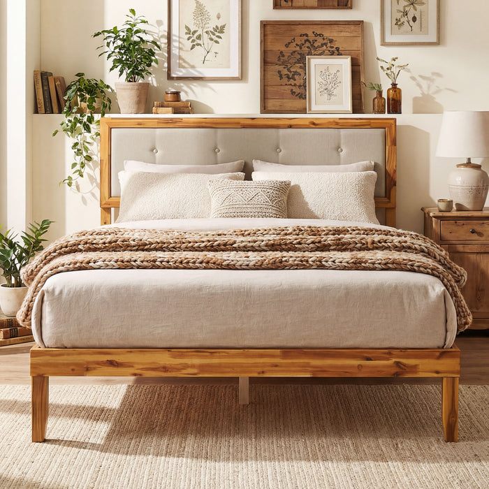 Solid Acacia Wood Bed Frame with Tufted Headboard and Ample Under-bed Space-Queen Size