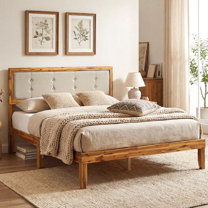 Solid Acacia Wood Bed Frame with Tufted Headboard and Ample Under-bed Space-Queen Size