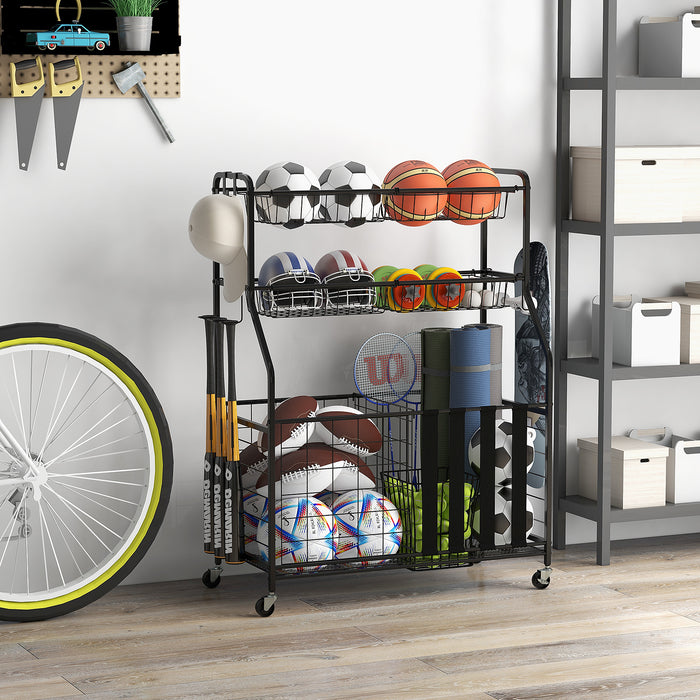 Sports Equipment Storage Rack Rolling Sports Ball Storage Cart-