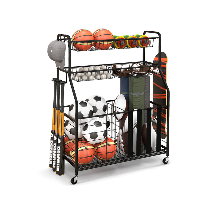 Sports Equipment Storage Rack Rolling Sports Ball Storage Cart-