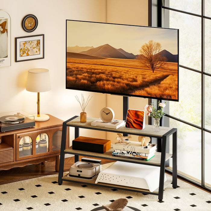 HOMCOM TV Stand Cabinet with Swivel Bracket for 32 - 65 Inch TVs, Industrial TV Cabinet with Open Shelves, Cable Management, Trapezoid-Shaped Steel Frame for Living Room, Bedroom, Rustic Brown