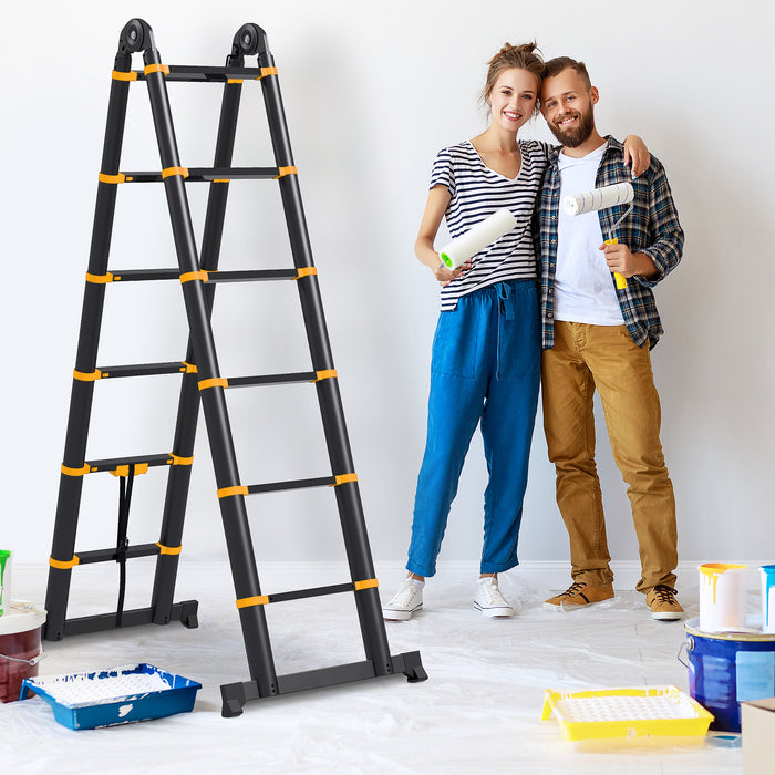 3.8M Duo Aluminium Ladder with Integrated Tool Holder - Herringbone Extendable Ladder, 12 Non-Slip Steps for Safety - Ideal for DIY Enthusiasts and Professional Use