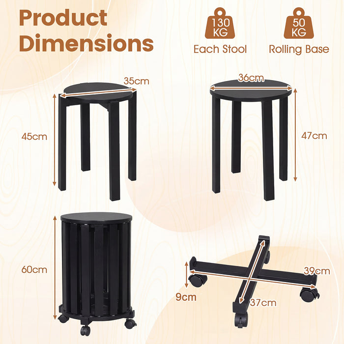Stackable Stools Set of 4 with Rolling Base Solid Rubber Wood Nesting Stools-