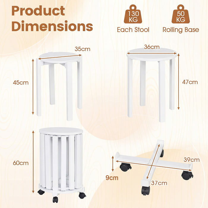 Stackable Stools Set of 4 with Rolling Base Solid Rubber Wood Nesting Stools-