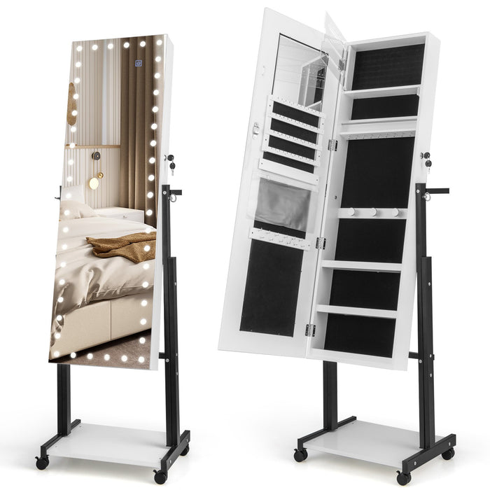 Lockable Jewelry Armoire Organizer with 3-Color Dimmable LED Full-Length Mirror-Brown