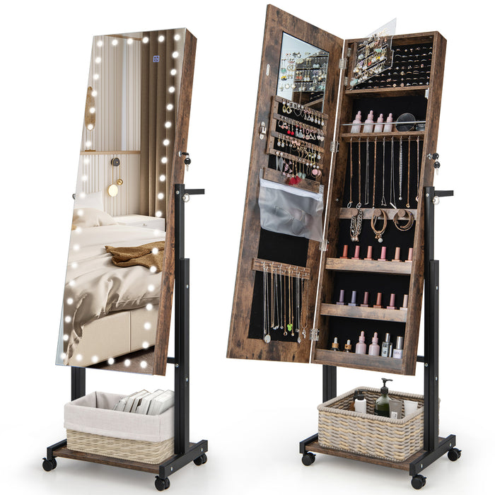 Lockable Jewelry Armoire Organizer with 3-Color Dimmable LED Full-Length Mirror-Brown