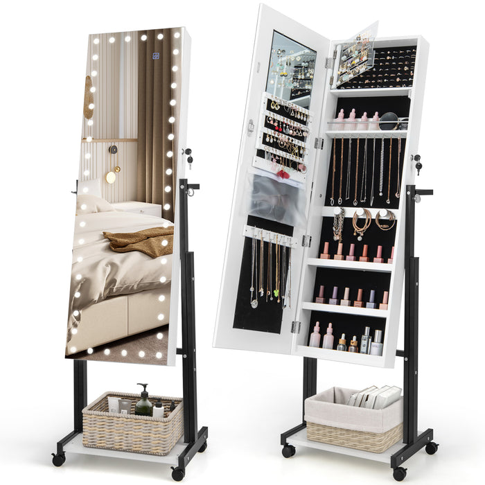 Lockable Jewelry Armoire Organizer with 3-Color Dimmable LED Full-Length Mirror-Brown