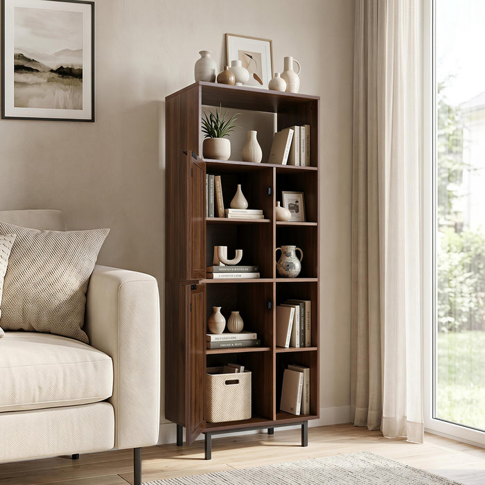 Storage Cabinet with 2 Rattan Doors and 5 Compartments-Brown