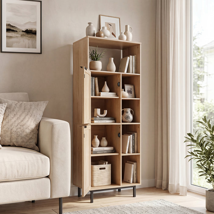 Storage Cabinet with 2 Rattan Doors and 5 Compartments-Brown