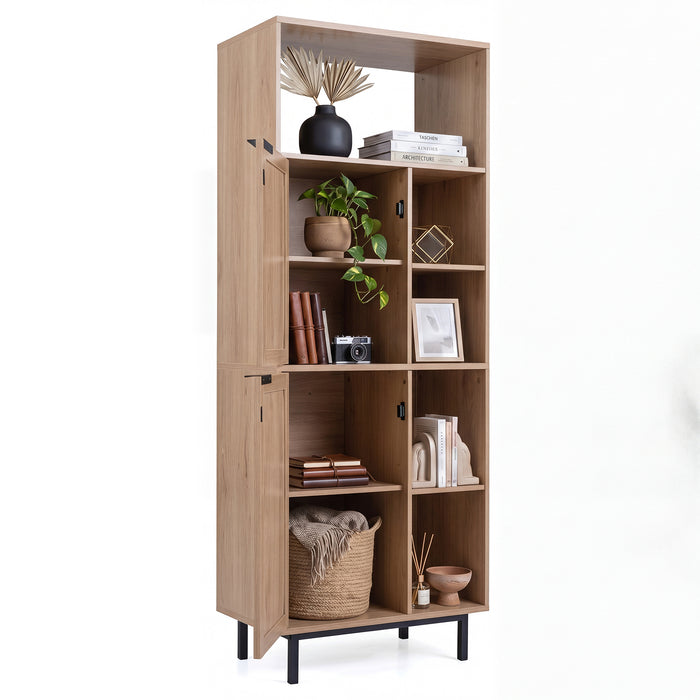 Storage Cabinet with 2 Rattan Doors and 5 Compartments-Brown