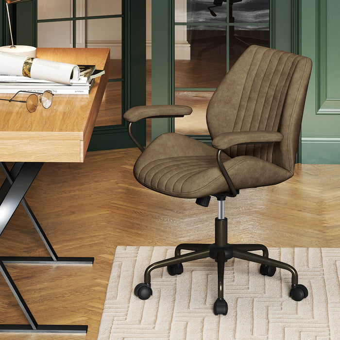 Suede Fabric Office Chair Swivel Adjustable with Padded Arms and Wheels-Brown