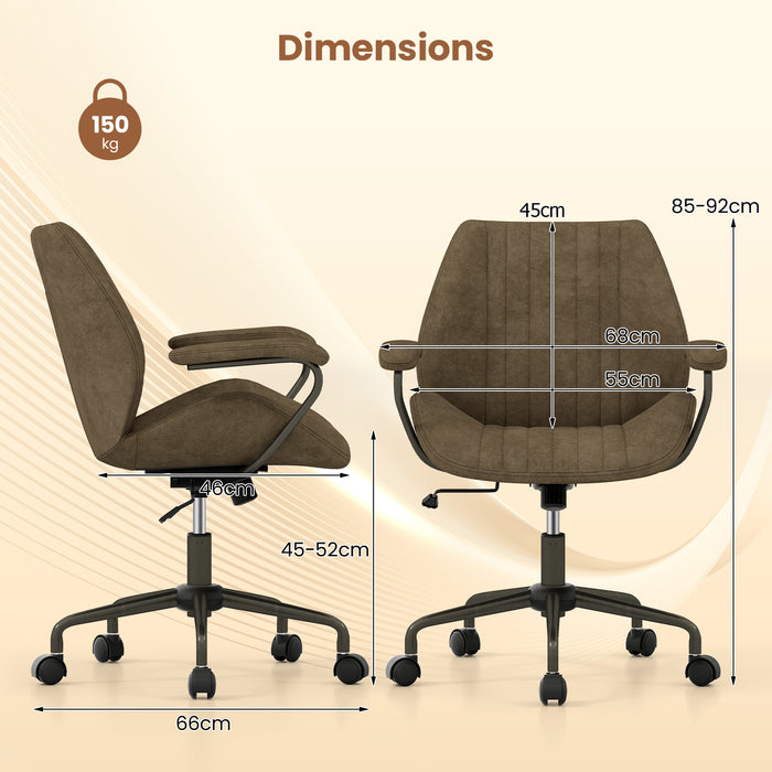 Suede Fabric Office Chair Swivel Adjustable with Padded Arms and Wheels-Brown
