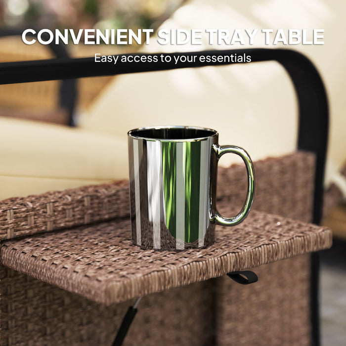 Outsunny Rattan Garden Recliner Chair, Reclining Rattan Chair with Adjustable Backrest and Footrest, Outdoor Lounge Sun Lounger with Cushion, Side Tray and Aluminium Armrests, Brown/Khaki