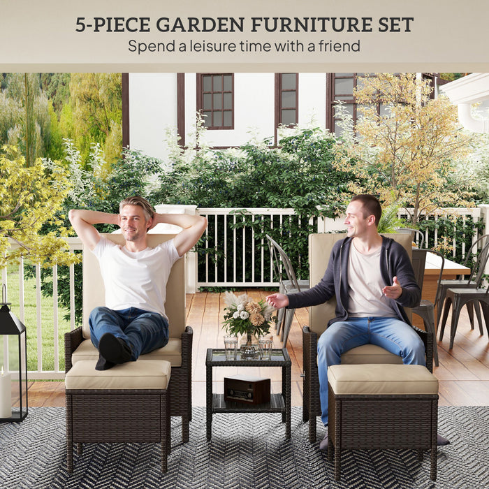 Outsunny 5 Piece Rattan Garden Furniture Set, Wicker Outdoor Furniture with 2 Armchairs, 2 Footstools and Glass Top Coffee Table with Shelf, Cushions for Patio Balcony, Khaki