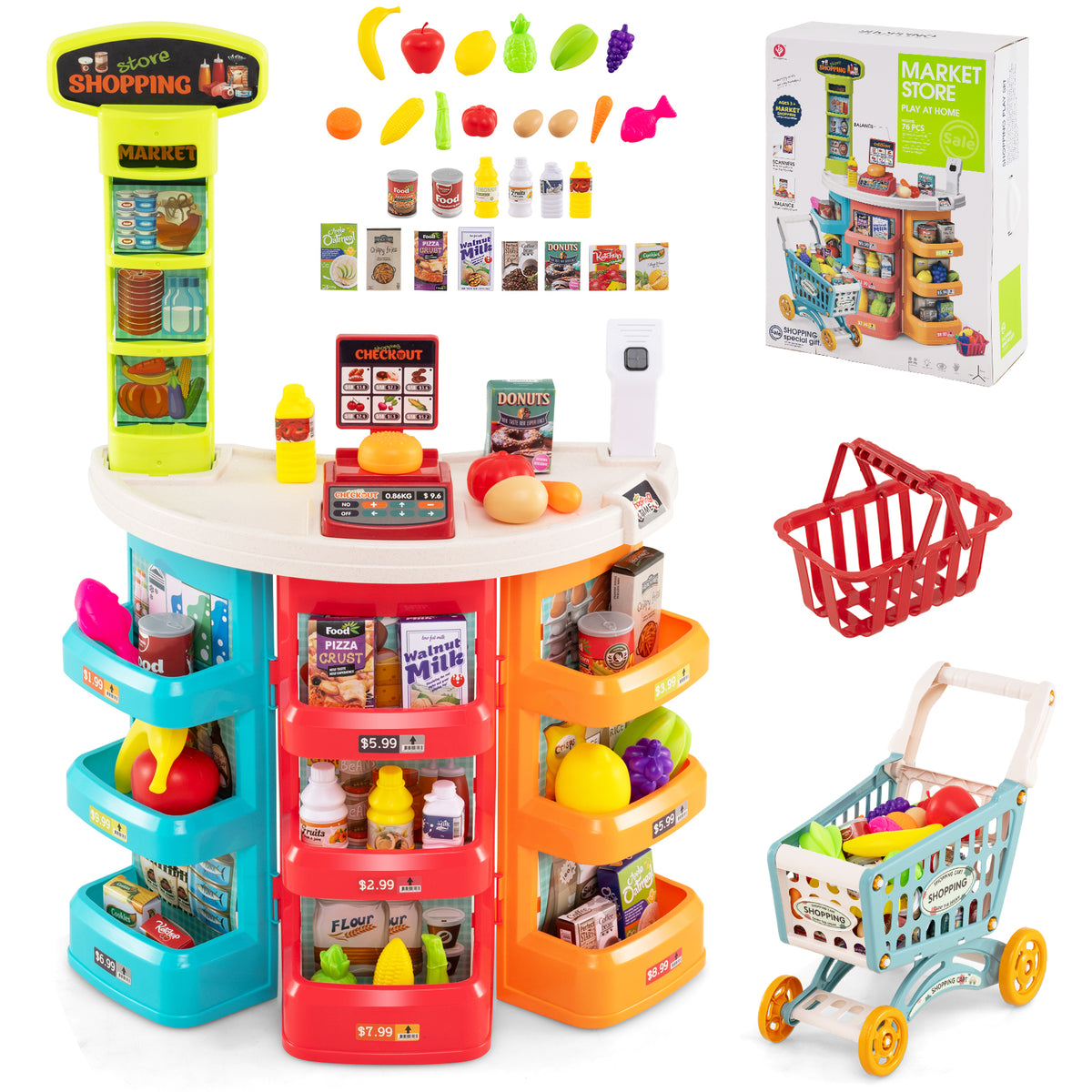 Supermarket Playset for Kids 76 Pieces Pretend Play Grocery Store Set-