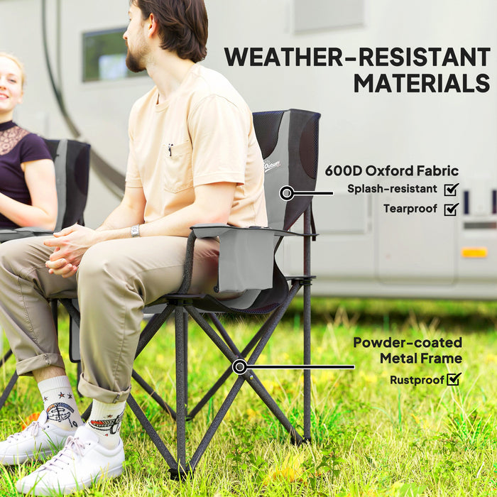 Outsunny Set of 2 Folding Camping Chairs, Padded Camping Chairs with Adjustable Armrests, Portable & Lightweight Folding Camp Chair with Cooler Bag, Cup Holder and Side Pockets, Grey